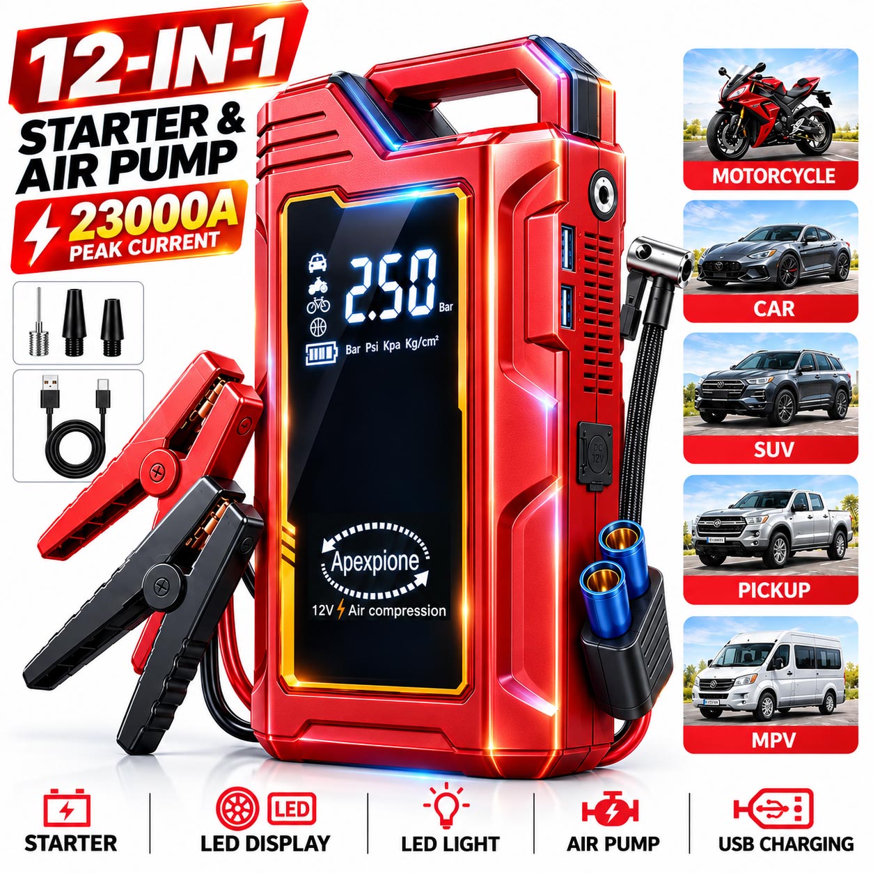 Portable Air Compressor 12V Digital - 고성능 휴대용 차량 비상 시동 장치(250PSI