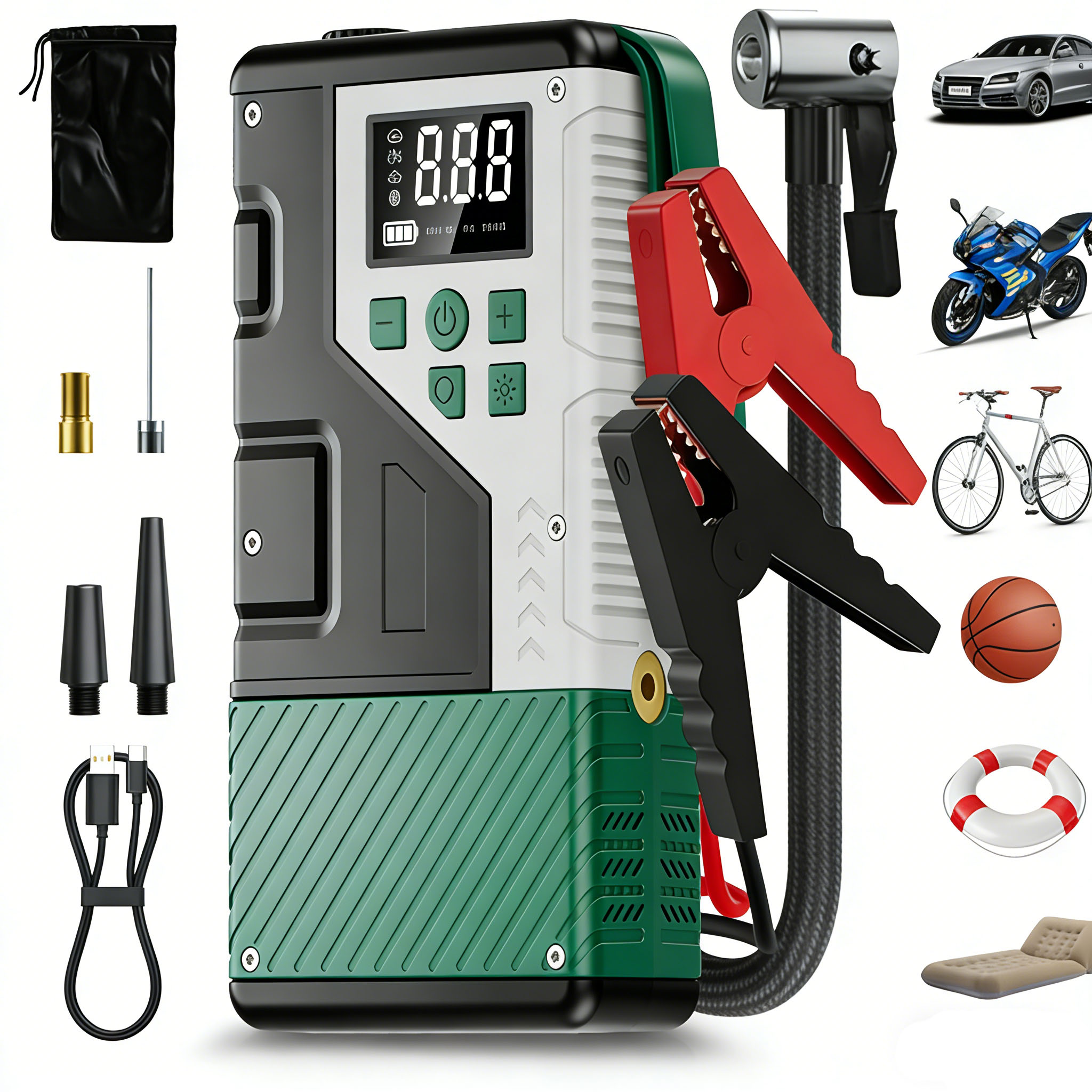 Portable Air Compressor Jump Starter Combo - 업그레이드된 150PSI 휴대용 자동차 에어 컴프레서와